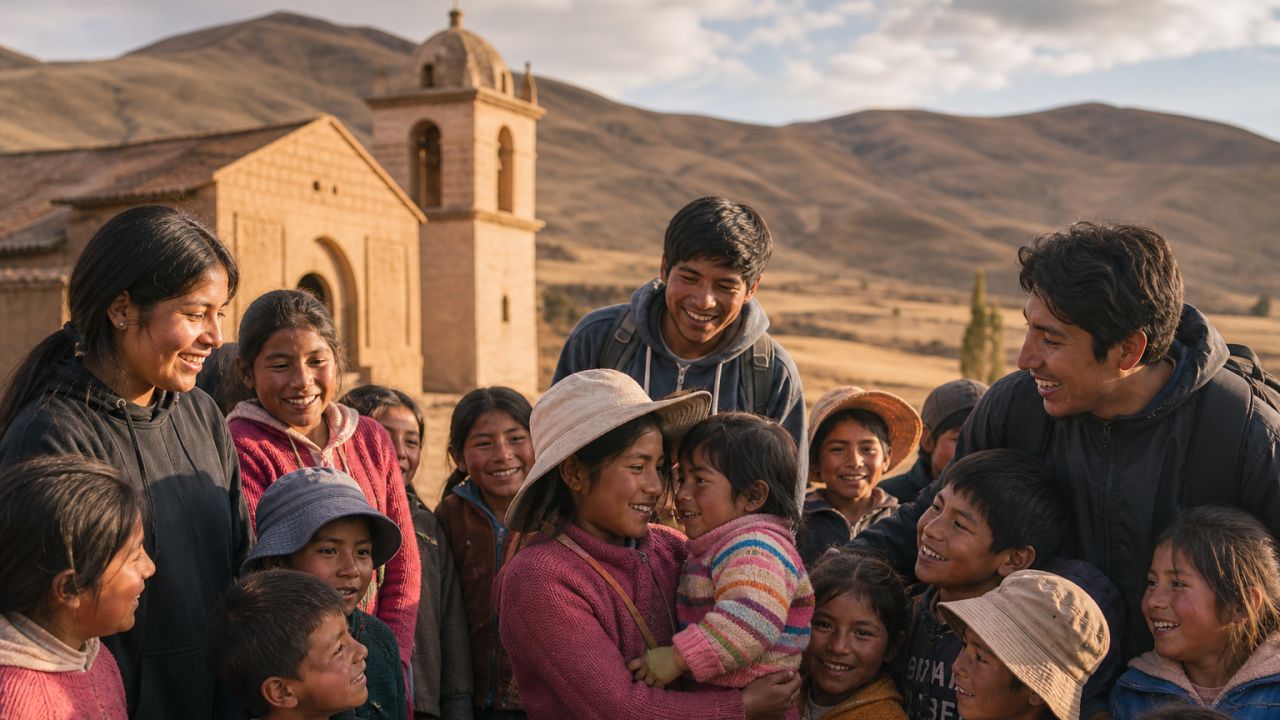Voluntarios y niños en una misión en Bolivia